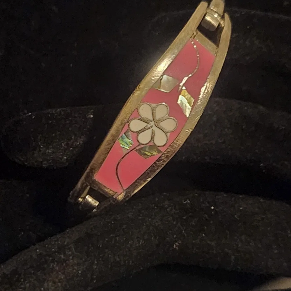 Vintage Alpaca Mexico Pink Enamel Abalone Flower‎ Hinged Bangle Bracelet kids